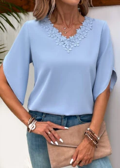 Dusty Blue Patchwork Half Sleeve V Neck Blouse -UrbanLayer Store 331848 P 16837179891892