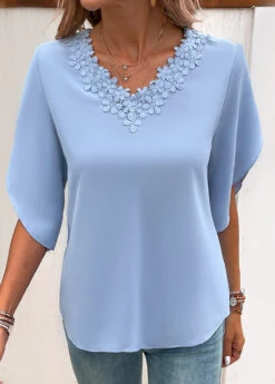 Dusty Blue Patchwork Half Sleeve V Neck Blouse -UrbanLayer Store 331848 P 16837179893130