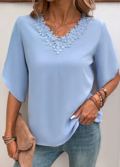 Dusty Blue Patchwork Half Sleeve V Neck Blouse