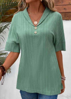 Sage Green Button Short Sleeve Blouse -UrbanLayer Store 331869 P 16854384734014