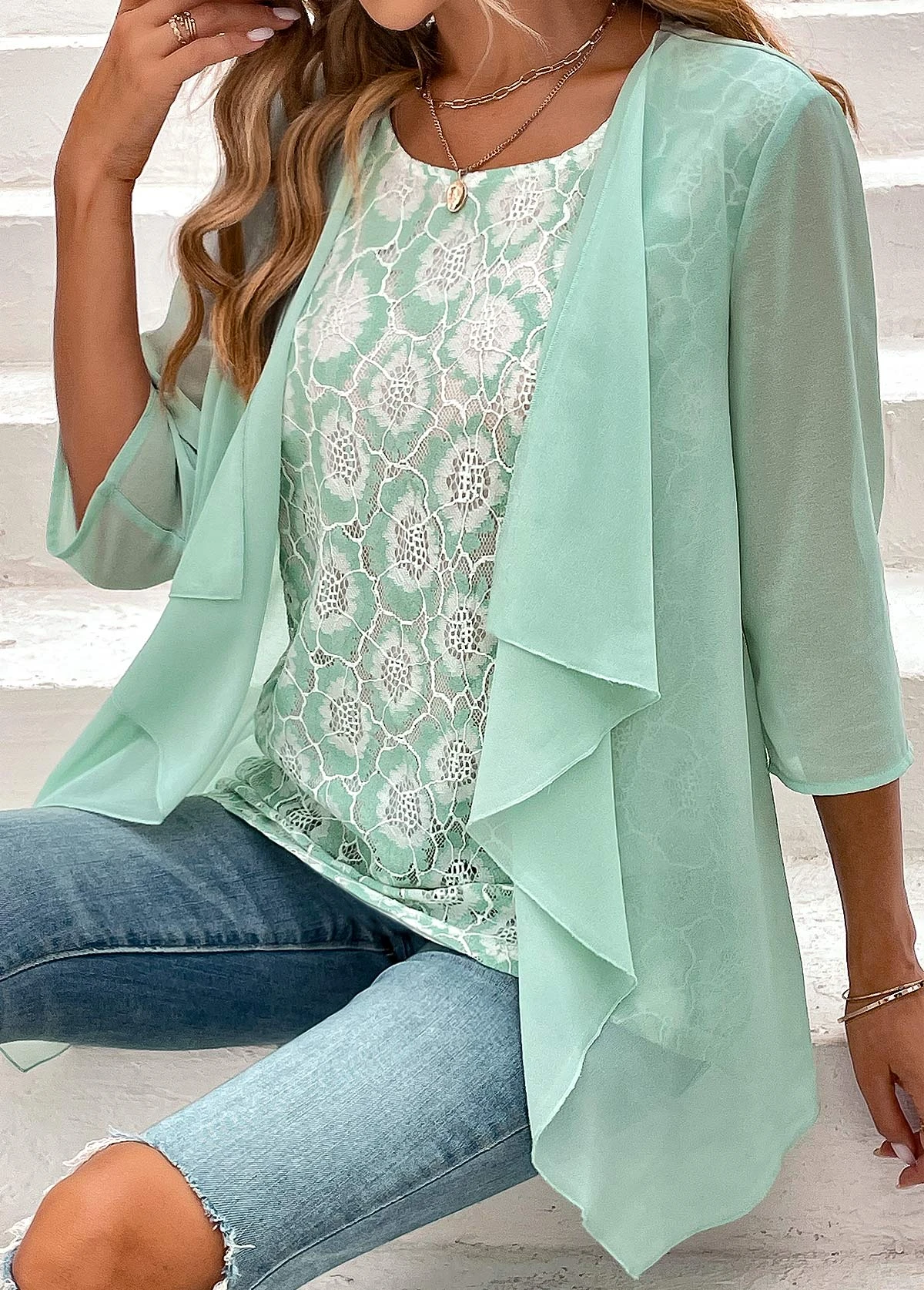 Mint Green Lace Fake 2in1 Blouse 8 Mint Green Lace Fake 2in1 Blouse - Image 6