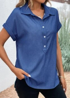 Denim Blue Button Short Sleeve Shirt Collar Blouse -UrbanLayer Store 331875 P 16851007942452