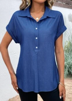 Denim Blue Button Short Sleeve Shirt Collar Blouse