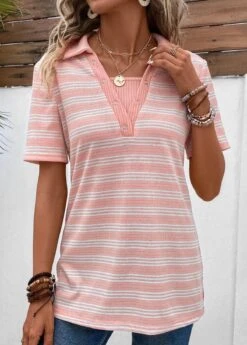 Pink Eyelet Short Sleeve Shirt Collar Blouse