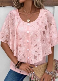 Pink Button Half Sleeve Round Neck Blouse 9 Pink Button Half Sleeve Round Neck Blouse -UrbanLayer Store 331877 P 16859293046710