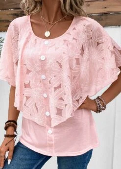 Pink Button Half Sleeve Round Neck Blouse 10 Pink Button Half Sleeve Round Neck Blouse -UrbanLayer Store 331877 P 16859293058473