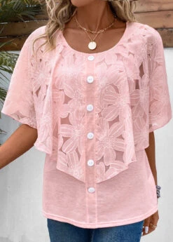 Pink Button Half Sleeve Round Neck Blouse 11 Pink Button Half Sleeve Round Neck Blouse -UrbanLayer Store 331877 P 16859293058914