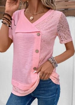 Pink Patchwork Short Sleeve V Neck Blouse 9 Pink Patchwork Short Sleeve V Neck Blouse -UrbanLayer Store 331959 P 16854384694392