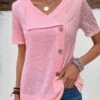 Pink Patchwork Short Sleeve V Neck Blouse