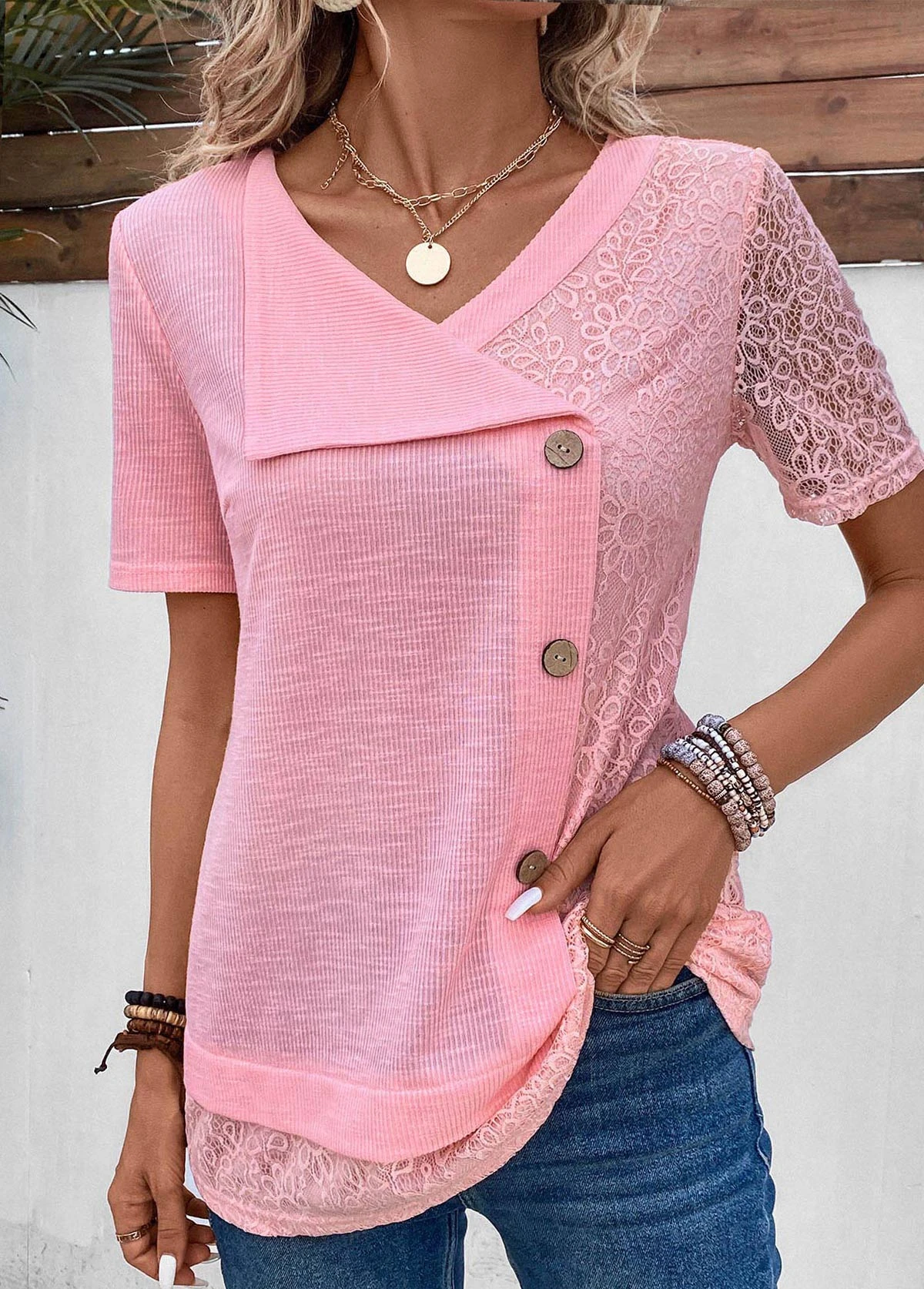 Pink Patchwork Short Sleeve V Neck Blouse 3 Pink Patchwork Short Sleeve V Neck Blouse