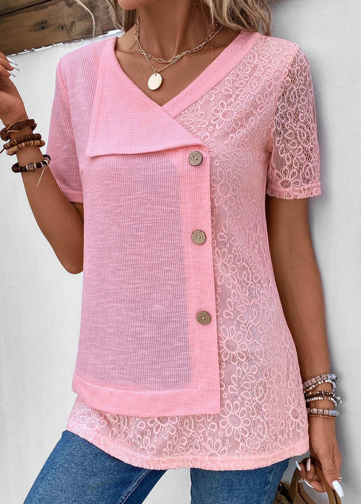 Pink Patchwork Short Sleeve V Neck Blouse 6 Pink Patchwork Short Sleeve V Neck Blouse - Image 4