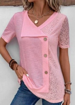 Pink Patchwork Short Sleeve V Neck Blouse 11 Pink Patchwork Short Sleeve V Neck Blouse -UrbanLayer Store 331959 P 16854384699224
