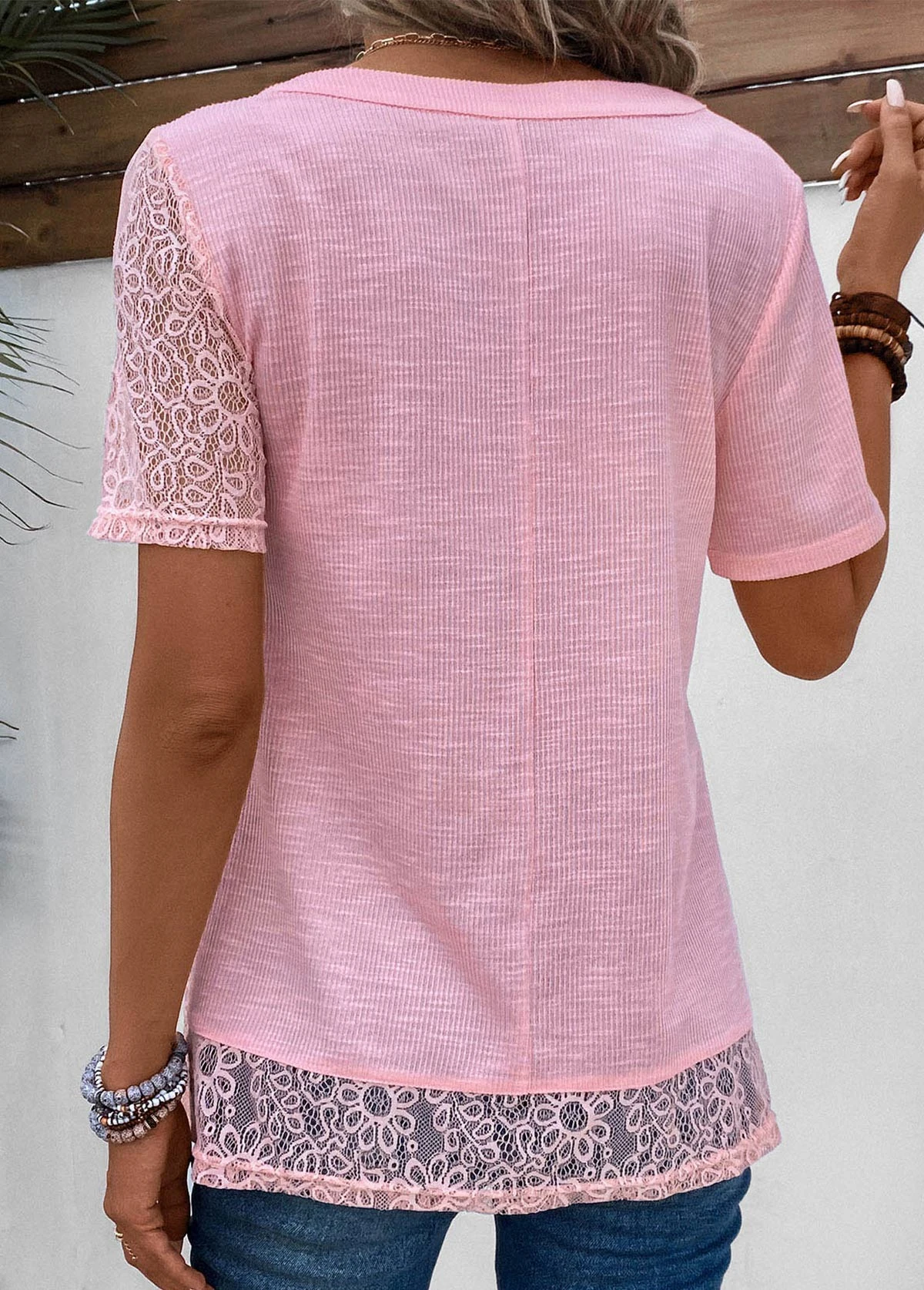 Pink Patchwork Short Sleeve V Neck Blouse 4 Pink Patchwork Short Sleeve V Neck Blouse - Image 2