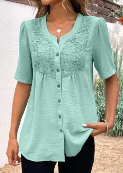 Avocado Green Button Short Sleeve Split Neck Blouse