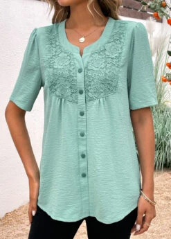 Avocado Green Button Short Sleeve Split Neck Blouse -UrbanLayer Store 331965 P 16848944109280