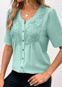 Avocado Green Button Short Sleeve Split Neck Blouse -UrbanLayer Store 331965 P 16848944109904