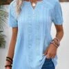 Light Blue Patchwork Short Sleeve Split Neck Blouse -UrbanLayer Store 331971 P 16854384588610
