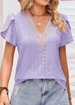 Light Purple Patchwork Short Sleeve T Shirt -UrbanLayer Store 332070 P 1681807572990
