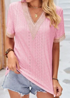 Pink Patchwork Short Sleeve V Neck T Shirt