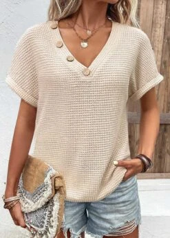 Beige Button Short Sleeve V Neck T Shirt