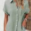 Sage Green Pocket Short Sleeve Shirt Collar Blouse -UrbanLayer Store 332525 P 1682232807333