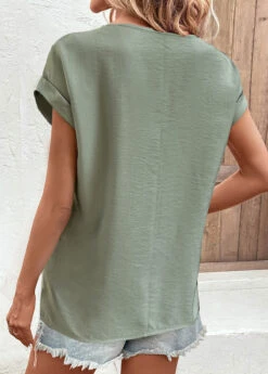 Sage Green Patchwork Short Sleeve Boat Neck Blouse -UrbanLayer Store 332698 P 1682415793642