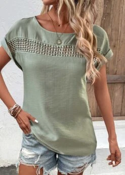 Sage Green Patchwork Short Sleeve Boat Neck Blouse -UrbanLayer Store 332698 P 1682415794904