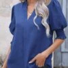 Dark Blue Smocked Half Sleeve Split Neck Blouse -UrbanLayer Store 332703 P 1682401223957