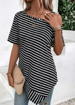 Black Asymmetry Striped Short Sleeve T Shirt -UrbanLayer Store 333040 P 16866399125954