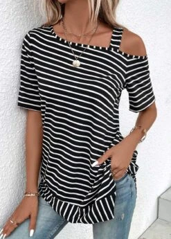 Black Asymmetry Striped Short Sleeve T Shirt