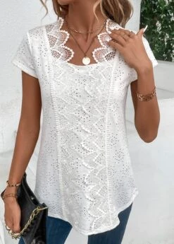 White Patchwork Short Sleeve Scoop Neck T Shirt 13 White Patchwork Short Sleeve Scoop Neck T Shirt -UrbanLayer Store 333041 P 16866409255665