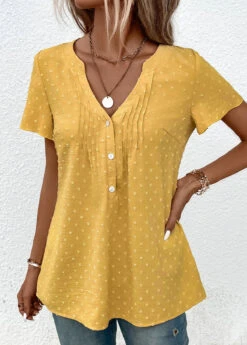 Light Yellow Jacquard Short Sleeve V Neck Blouse -UrbanLayer Store 333042 P 16866398822403