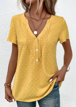 Light Yellow Jacquard Short Sleeve V Neck Blouse -UrbanLayer Store 333042 P 16866398824562