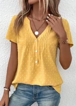 Light Yellow Jacquard Short Sleeve V Neck Blouse -UrbanLayer Store 333042 P 16866398827455