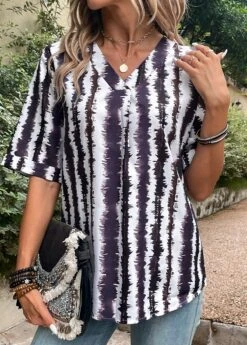 Multi Color Patchwork Striped Short Sleeve Blouse -UrbanLayer Store 333051 P 16844105350183