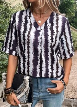 Multi Color Patchwork Striped Short Sleeve Blouse -UrbanLayer Store 333051 P 16844105353825