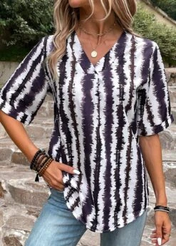 Multi Color Patchwork Striped Short Sleeve Blouse