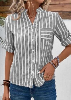 Grey Button Striped Short Sleeve Split Neck Blouse -UrbanLayer Store 333080 P 16854384432712