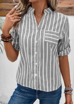 Grey Button Striped Short Sleeve Split Neck Blouse -UrbanLayer Store 333080 P 16854384434054