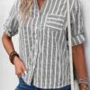 Grey Button Striped Short Sleeve Split Neck Blouse 2 Grey Button Striped Short Sleeve Split Neck Blouse -UrbanLayer Store 333080 P 16854384437620