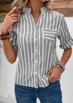 Grey Button Striped Short Sleeve Split Neck Blouse -UrbanLayer Store 333080 P 16854384439673