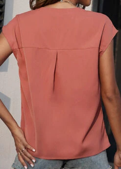 Brick Red Button Short Sleeve V Neck Blouse 6 Brick Red Button Short Sleeve V Neck Blouse -UrbanLayer Store 333142 P 1682658541084