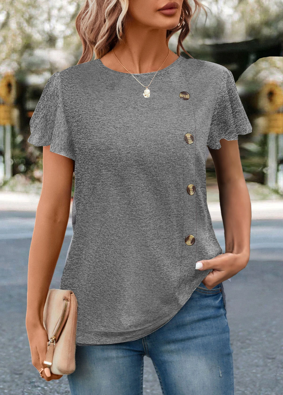 Grey Button Short Sleeve Round Neck T Shirt 3 Grey Button Short Sleeve Round Neck T Shirt