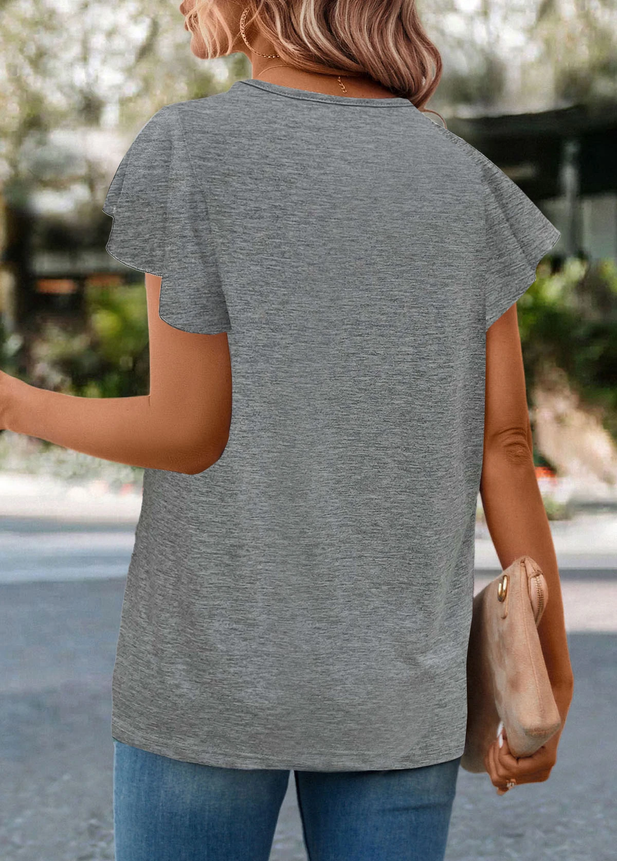 Grey Button Short Sleeve Round Neck T Shirt 4 Grey Button Short Sleeve Round Neck T Shirt - Image 2