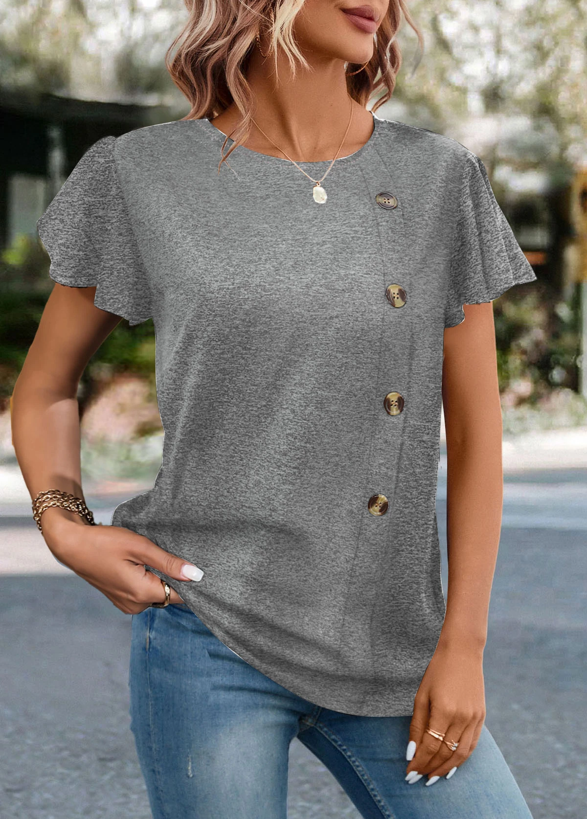 Grey Button Short Sleeve Round Neck T Shirt 5 Grey Button Short Sleeve Round Neck T Shirt - Image 3