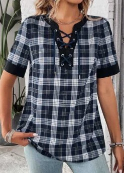 Black Lace Up Plaid Short Sleeve Blouse -UrbanLayer Store 333227 P 16880202050532