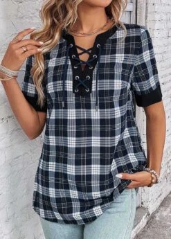 Black Lace Up Plaid Short Sleeve Blouse -UrbanLayer Store 333227 P 16880202052045
