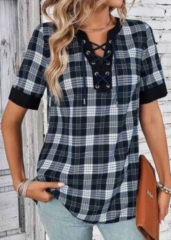 Black Lace Up Plaid Short Sleeve Blouse -UrbanLayer Store 333227 P 16880202052470