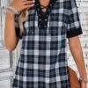 Black Lace Up Plaid Short Sleeve Blouse -UrbanLayer Store 333227 P 16880202052713