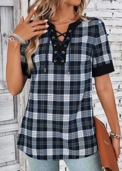 Black Lace Up Plaid Short Sleeve Blouse